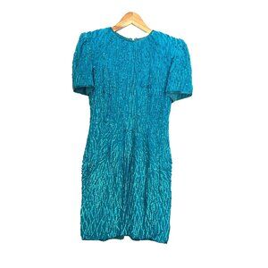 VNTG 70's 80's 100% Silk Aqua Full Sequin Beaded Dress Beaded Neck Sz 4 Gatsby